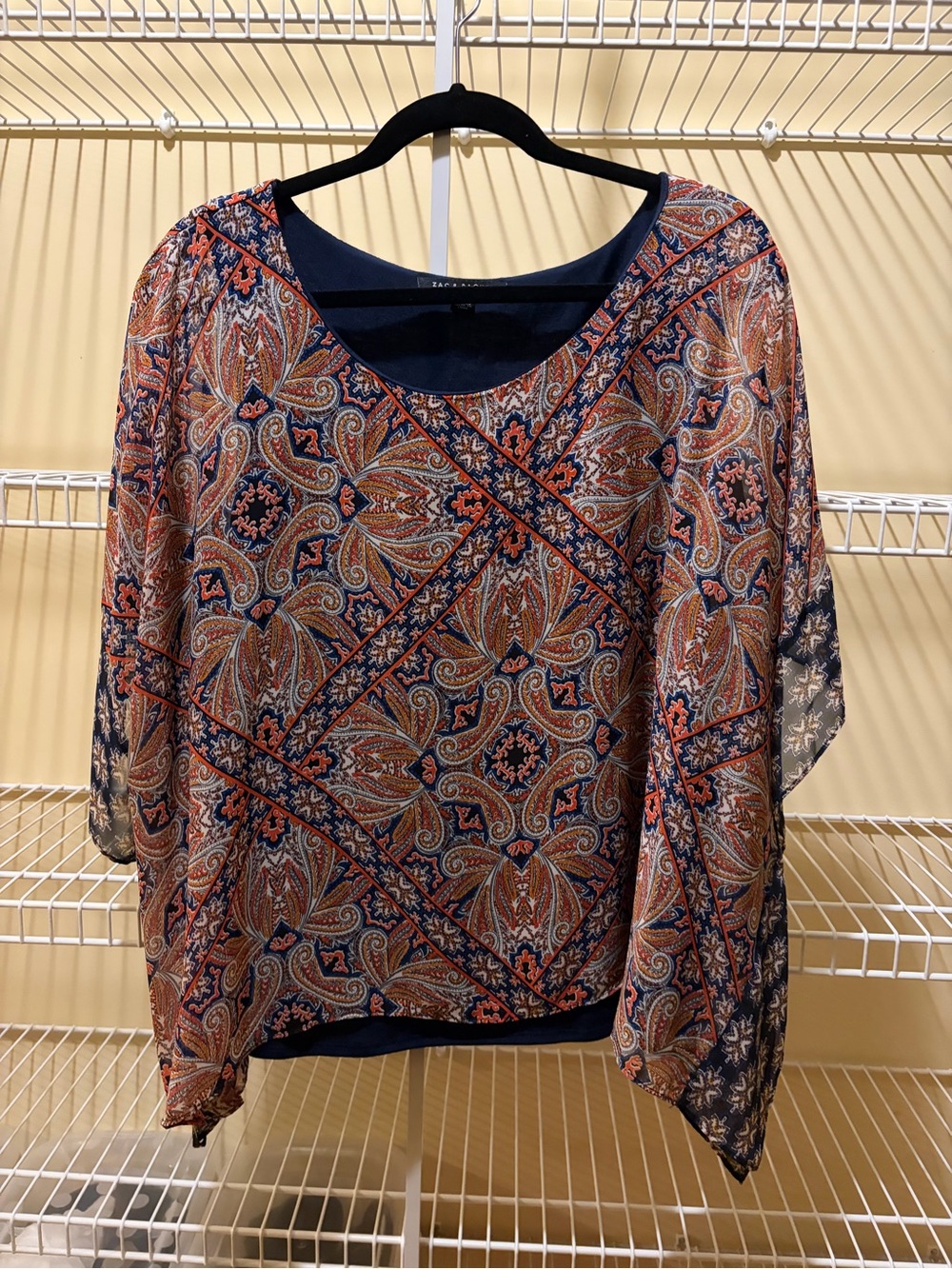 Zac & Rachel Navy and Rust Paisley Dolman Sleeve Blouse